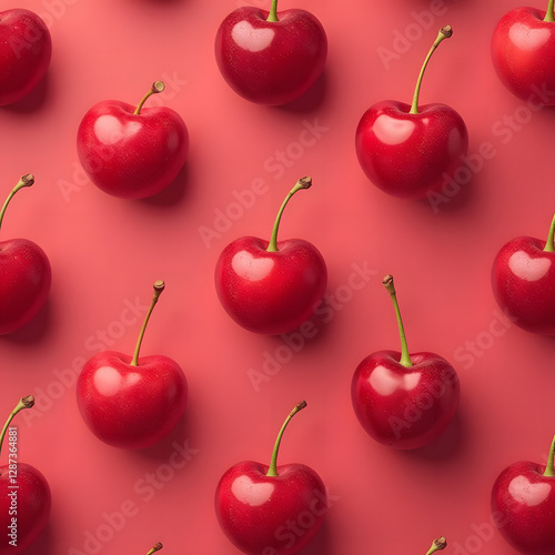 Glossy red cherries scattered across a vibrant red background with stems and a seamless pattern concept, modern style