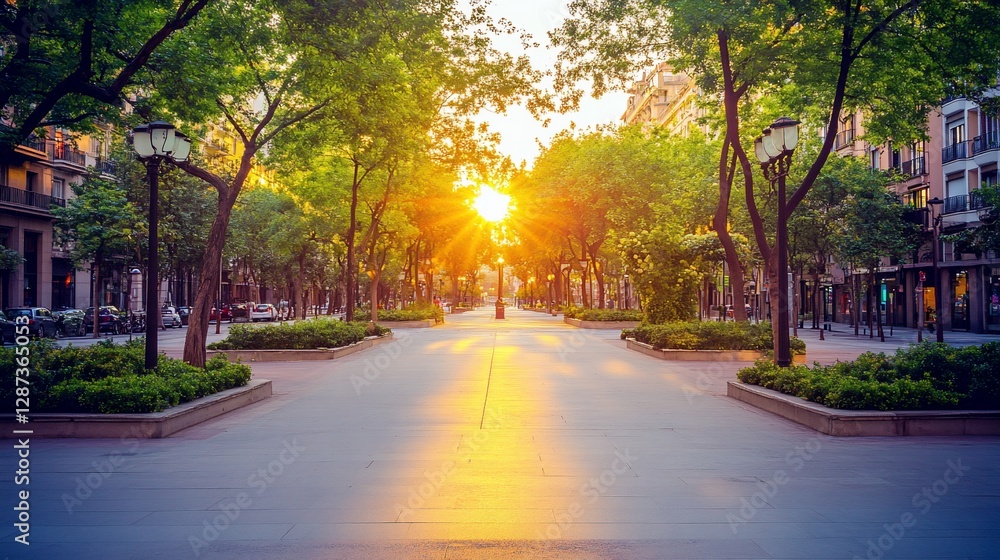 Sunrise City Street Walkway, Buildings, Sunlight Sunrise City Street Walkway, Buildings, Sunlight