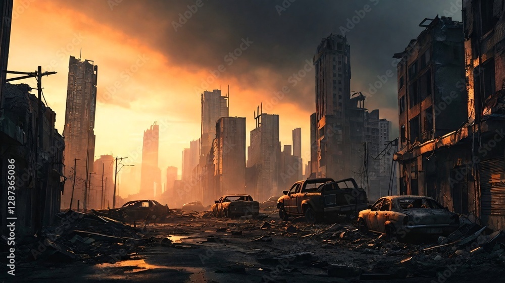 Obraz premium Digital Painting of a Ruined City at Sunset, Dark and Desolate Streets with Abandoned Cars