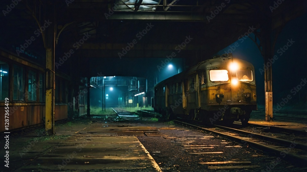 Naklejka premium Night Atmosphere at an Old Abandoned Train Station