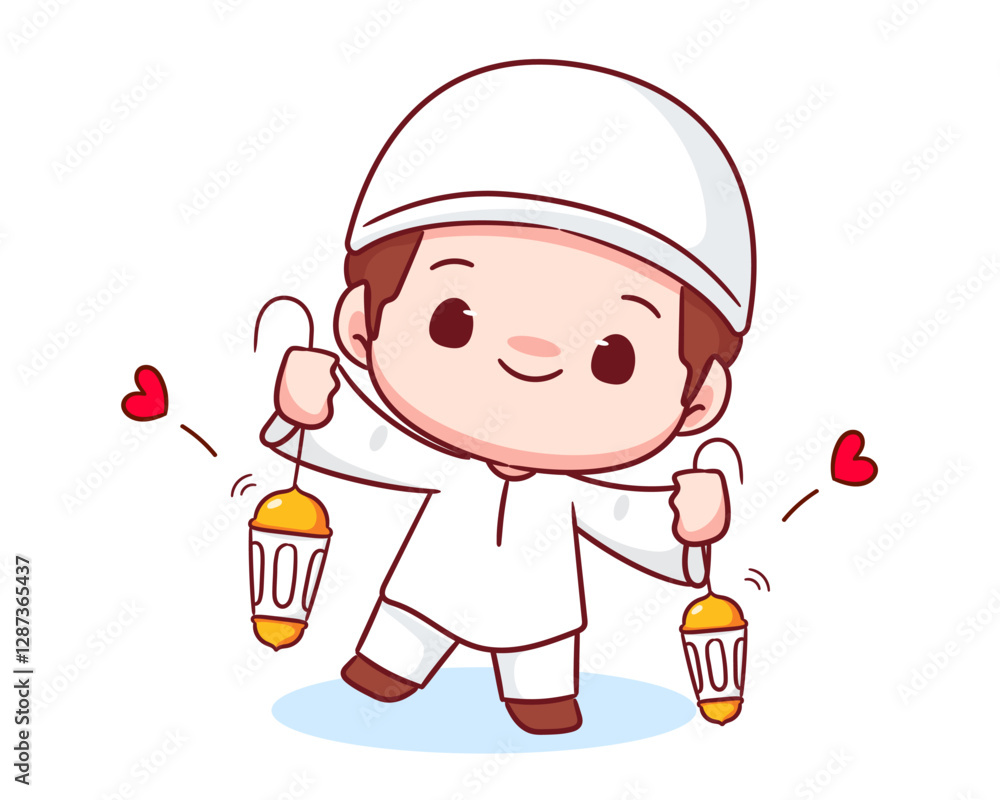 Cute muslim boy holding lantern cartoon character. Religion holiday concept design. Vector illustration. Cute muslim boy holding lantern cartoon character. Religion holiday concept design. Vector illustration.