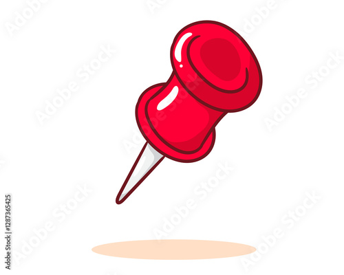 Red push pin cartoon illustration. Stationary concept design. Hand drawn flat style vector.
