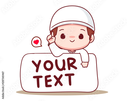 Cute muslim boy with empty space cartoon character. Religion holiday concept design. Vector illustration.