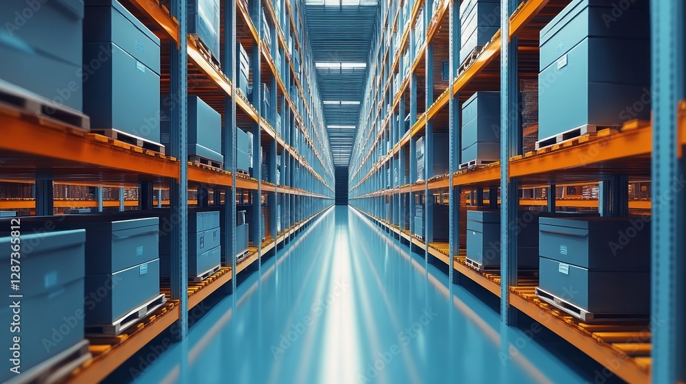 large scale modern light blue and orange warehouse with metal shelves super long endless corridor with boxes with rfid Radio-frequency identification tagging large scale modern light blue and orange warehouse with metal shelves super long endless corridor with boxes with rfid Radio-frequency identification tagging