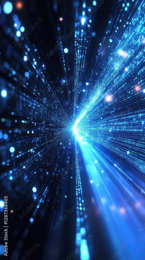 Naklejka premium Digital stream of blue light and data particles creating depth and motion