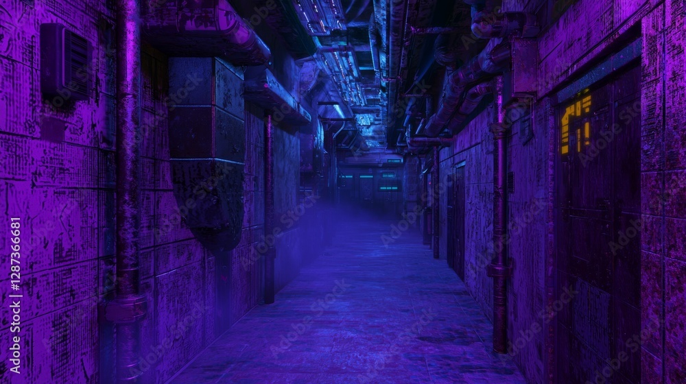 Fototapeta premium Twisting Corridors of Patched Metal with Neon Lighting and Fog
