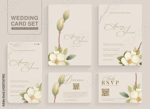 Set of Aesthetic Wedding Invitation Template with White Flower Arrangement