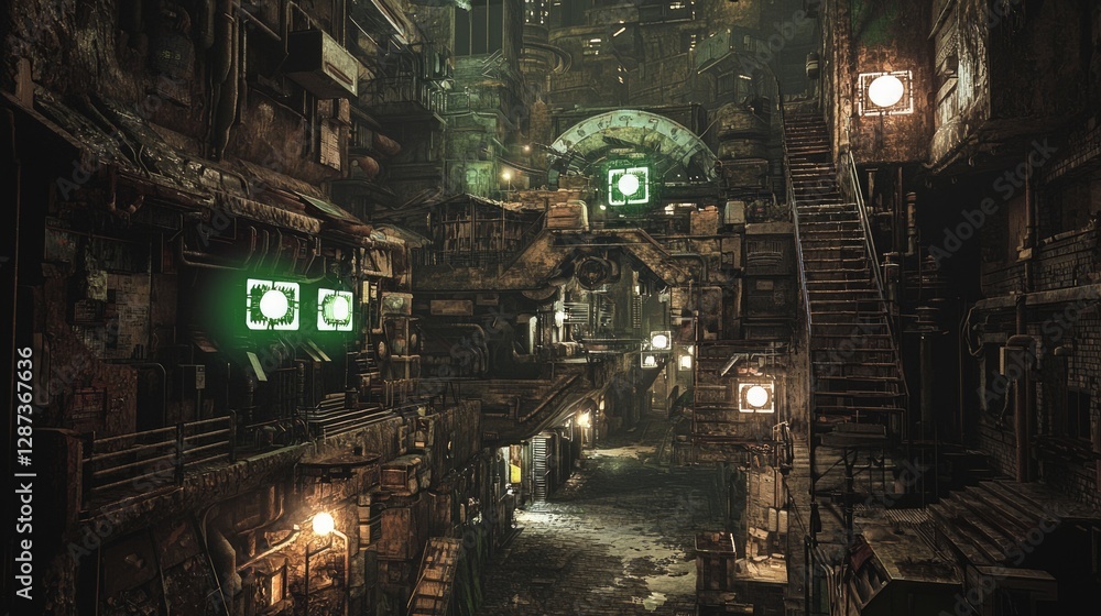 Cramped alleys with malfunctioning lights in an urban environment Cramped alleys with malfunctioning lights in an urban environment