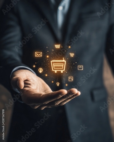  a businessman touching an e-commerce icon that is floating 