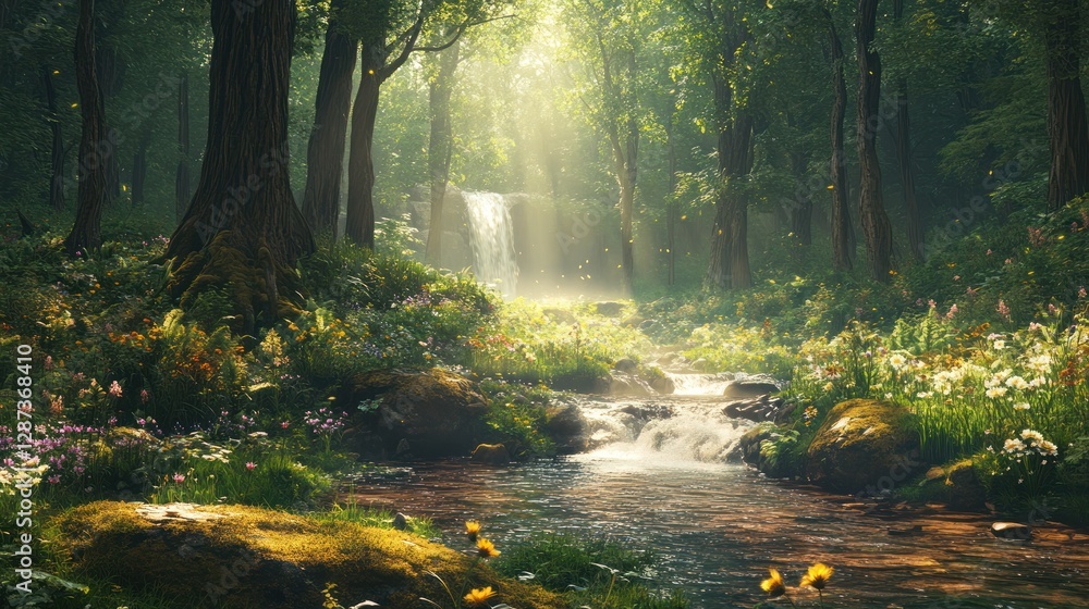 Fototapeta premium Enchanted Forest Stream: A Serene Waterfall Oasis