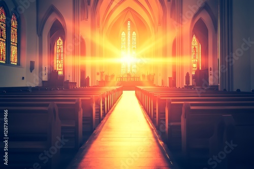 Empty church aisle bathed in sunlight, faith, hope, worship