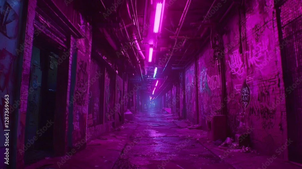 Fototapeta premium Neon Luminance in Graffiti-Laden Slum Passage at Night
