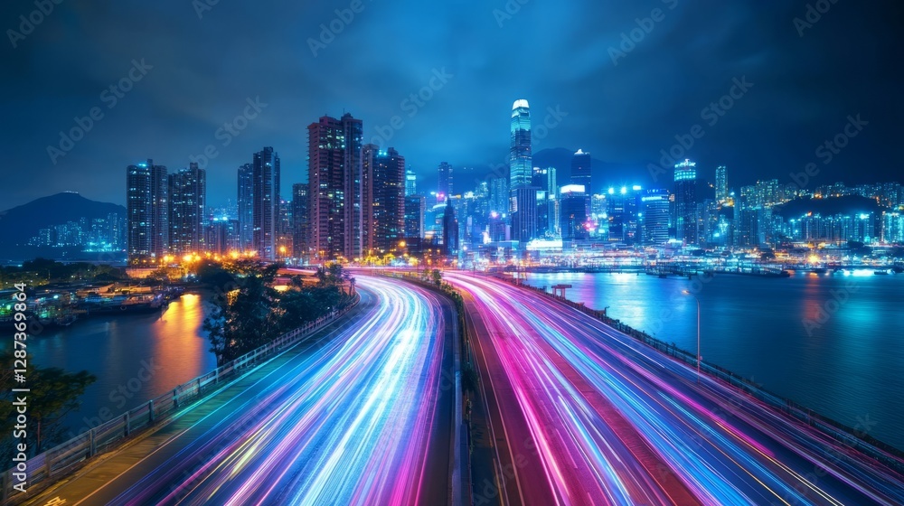 Fototapeta premium Hong Kong'S Vibrant Night With Car Light Trails And Cityscape Reflecting In The Water.