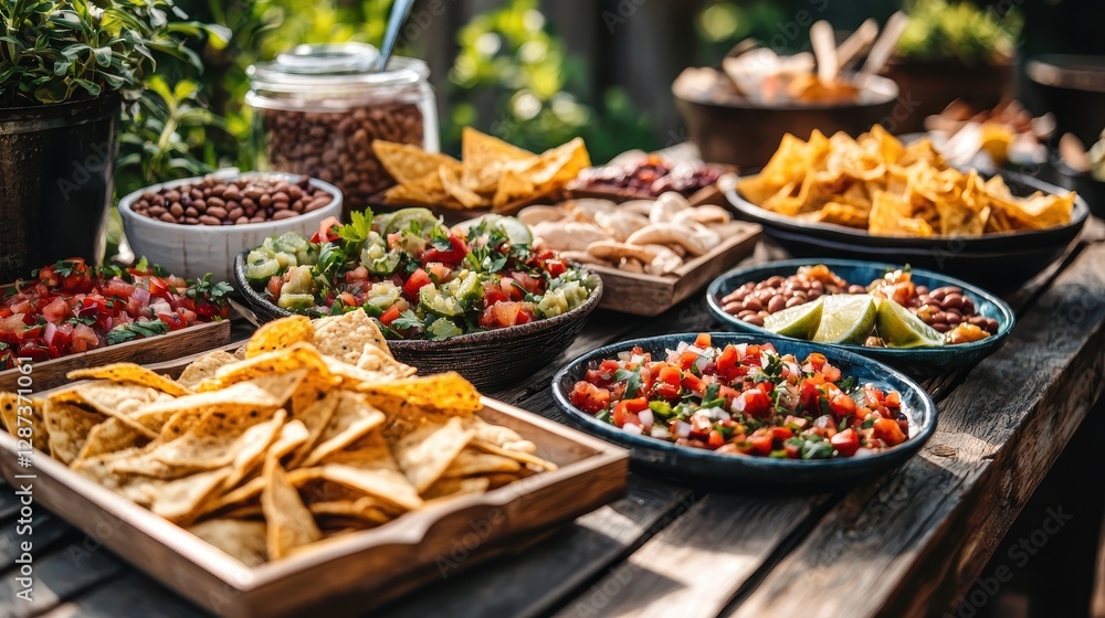 A vibrant spread of colorful, delicious dishes including nachos, salads, and beans, perfect for a gathering or celebration. A vibrant spread of colorful, delicious dishes including nachos, salads, and beans, perfect for a gathering or celebration.