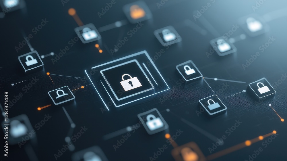 Fototapeta premium The image depicts a digital network with interconnected lock icons, symbolizing cybersecurity and data protection.
