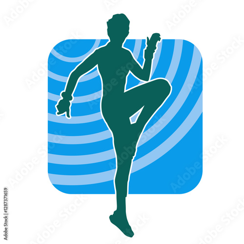 Silhouette of a woman doing aerobic move. Silhouette of a gym sporty person doing workout.