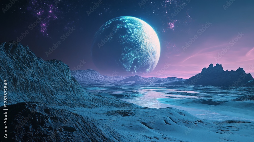 Alien Planet Landscape With Large Planet Rising. Sci-Fi Digital Art. Alien Planet Landscape With Large Planet Rising. Sci-Fi Digital Art.