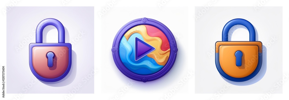 Image showcasing three glossy 3D icons: a purple padlock, a play button with vibrant waves, and an orange padlock, all isolated on a white background. Image showcasing three glossy 3D icons: a purple padlock, a play button with vibrant waves, and an orange padlock, all isolated on a white background.