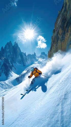 Thrilling ski adventure on snowy mountain slope with bright sun and majestic peaks in winter landscape extreme sport