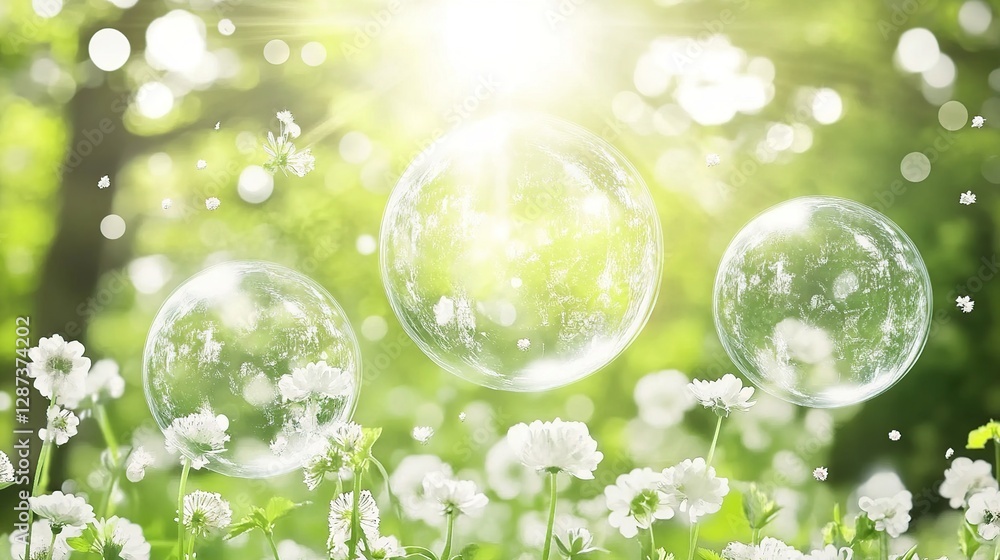 Sparkling bubbles float over sunlit meadow Sparkling bubbles float over sunlit meadow