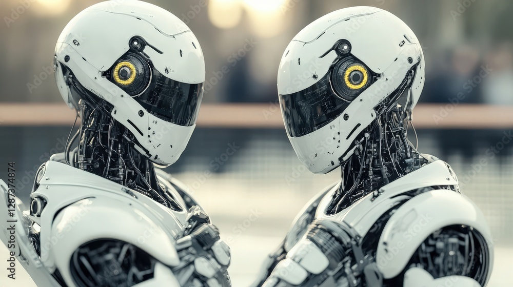 Fototapeta premium Two futuristic humanoid robots standing closely together with intricate details and glowing elements, set against a blurred urban backdrop