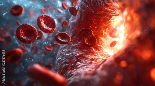 Cross-sectional view of a blood vessel filled with red blood cells, focusing on clotting abnormalities with a high-tech, data-driven background photo