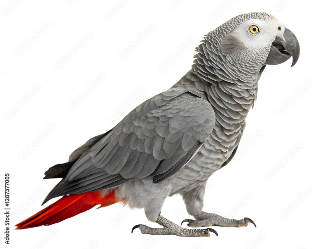 Fototapeta premium Playful grey parrot displaying vibrant feathers in setting isolated on transparent background