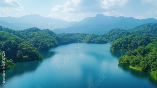 Serene Mountain Lake Vista: An Aerial View of Tranquil Nature