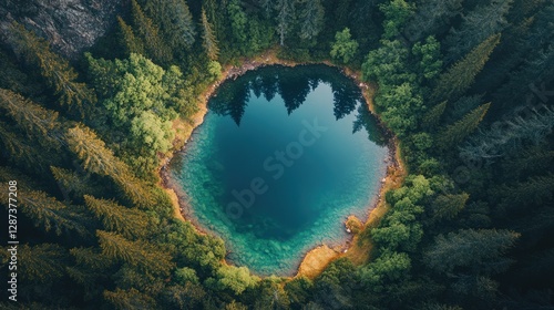 Aerial View of a Serene Emerald Lake Nestled in a Lush Forest