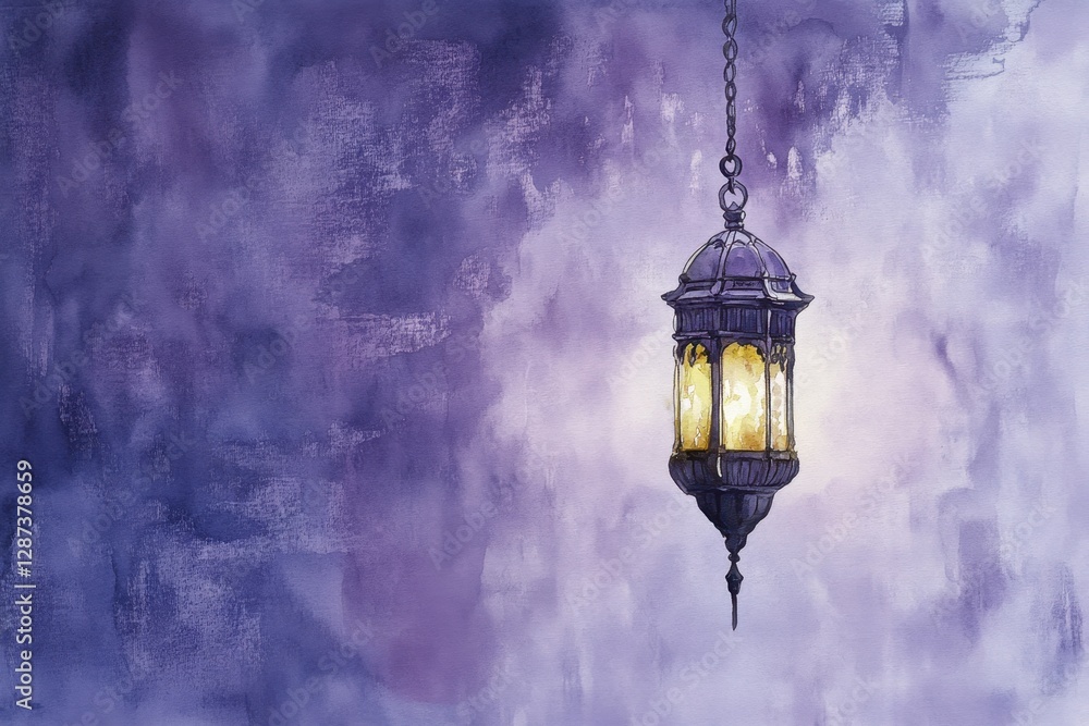 A Glowing Lantern Hanging Against A Violet Cloudy Background A Glowing Lantern Hanging Against A Violet Cloudy Background