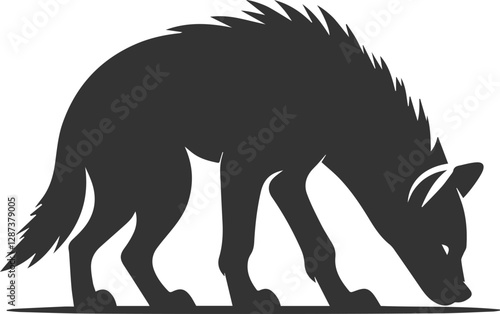 A hyena sniffing the ground, searching for a scent animal silhouette vector