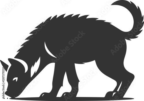 A hyena sniffing the ground, searching for a scent animal silhouette vector