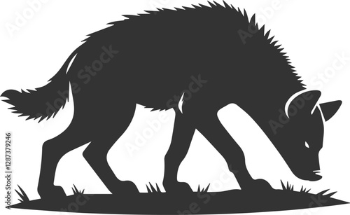A hyena sniffing the ground, searching for a scent animal silhouette vector