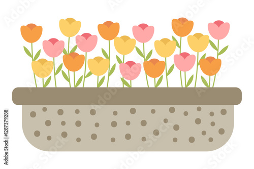 Cute design of a long flowerpot with colorful flowers, tulips in flat style. For decoration, for cards, for printing. Graphic element

