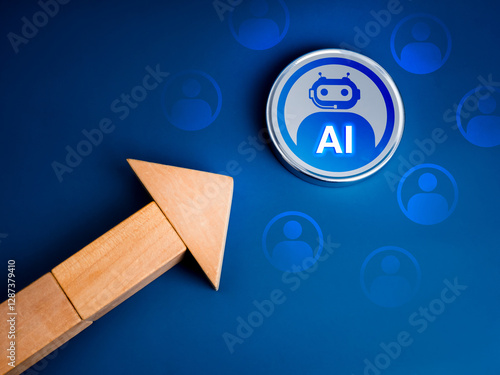 Artificial Intelligence jobs, robot career, human resource (HR), hiring, recruitment concept. AI bot icon surrounded with people symbols, where the wooden arrow shooting towards, on blue background. photo