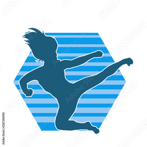 Silhouette of a woman doing a martial art kick. Silhouette of a sporty female doing kicking movement.