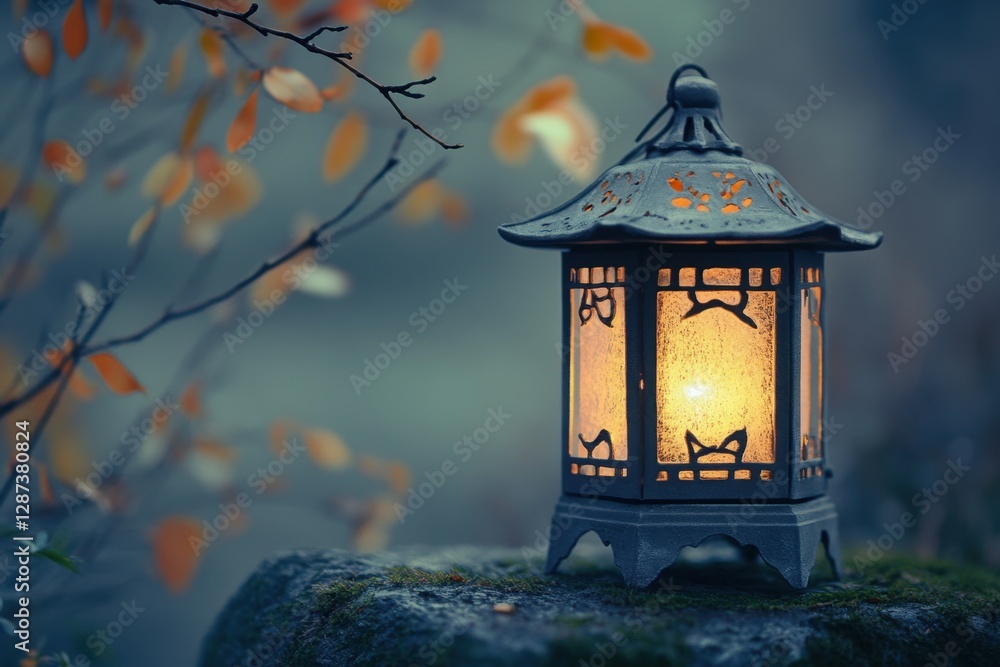 An Illuminated Japanese Lantern Resting on a Mossy Stone Outdoors An Illuminated Japanese Lantern Resting on a Mossy Stone Outdoors