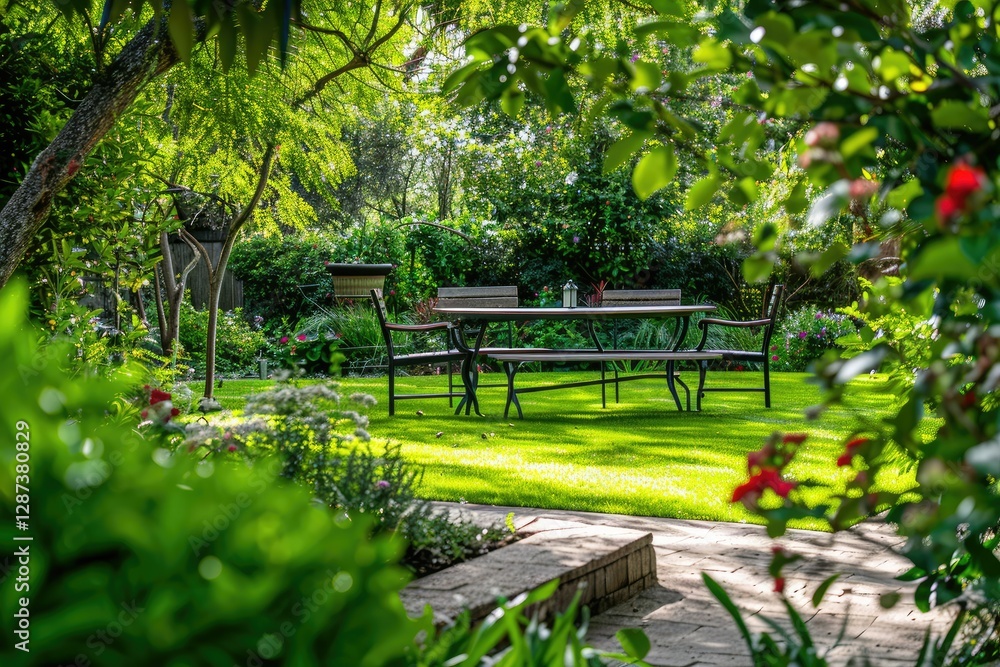 High Quality Image of a Garden with a Bench and a Table with Chairs and a Table High Quality Image of a Garden with a Bench and a Table with Chairs and a Table