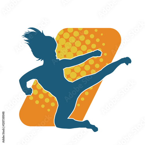 Silhouette of a woman doing a martial art kick. Silhouette of a sporty female doing kicking movement.