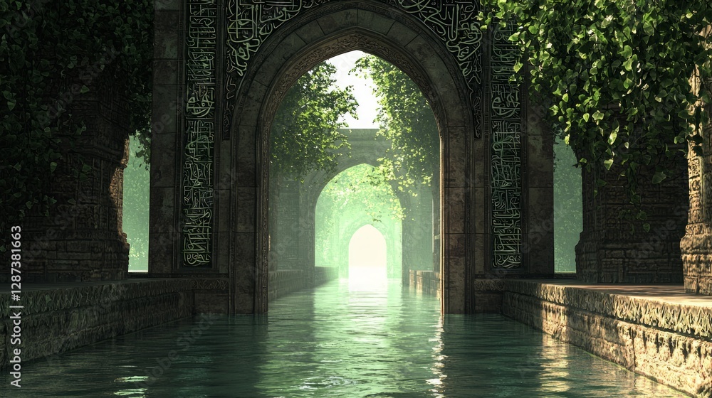 Fototapeta premium Ornate Gateway of the 22nd Century with Greenery and Water Reflection
