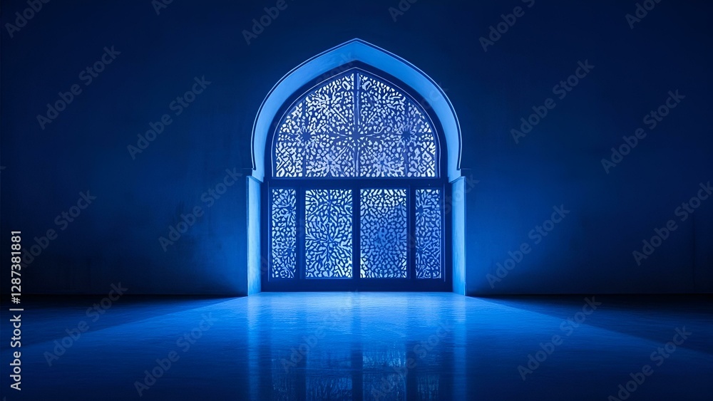 Intricate Blue Archway in a Mosque, Evoking Spirituality Intricate Blue Archway in a Mosque, Evoking Spirituality