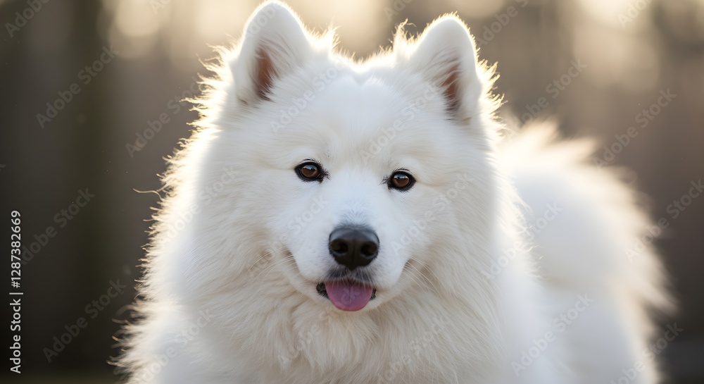 Fluffy White Samoyed Dog With Warm Golden Blurred Background Fluffy White Samoyed Dog With Warm Golden Blurred Background