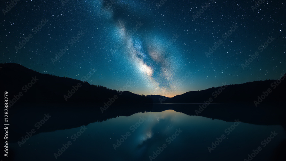 Ethereal Starry Reflection: A Breathtaking Panorama of the Glittering Milky Way Mirrored in a Tranquil Mountain Lake Ethereal Starry Reflection: A Breathtaking Panorama of the Glittering Milky Way Mirrored in a Tranquil Mountain Lake