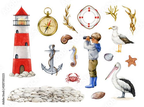 Watercolor nautical illustration set of lighthouse, compass, anchor, seaweed, shells and a child looking through binoculars on white background. For maritime designs, adventure themes and ocean decor photo