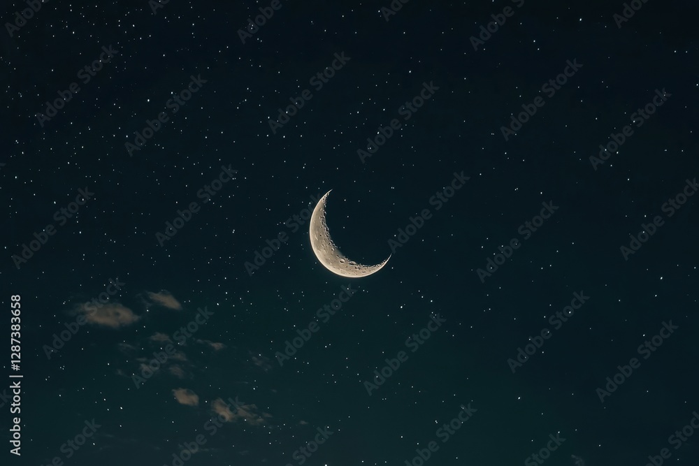 Naklejka premium A crescent moon and countless stars illuminated a dark sky