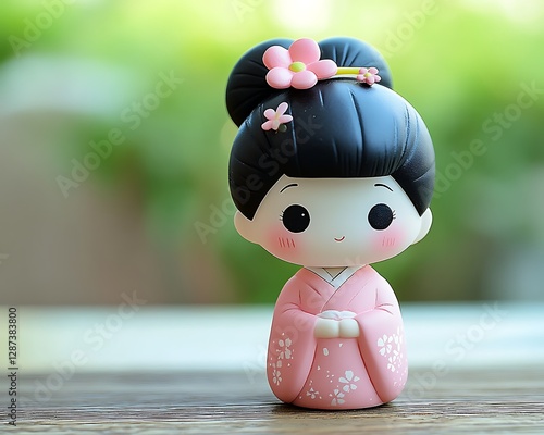 Cute Japanese Doll, Outdoor Garden Background. Possible use Stock photo
