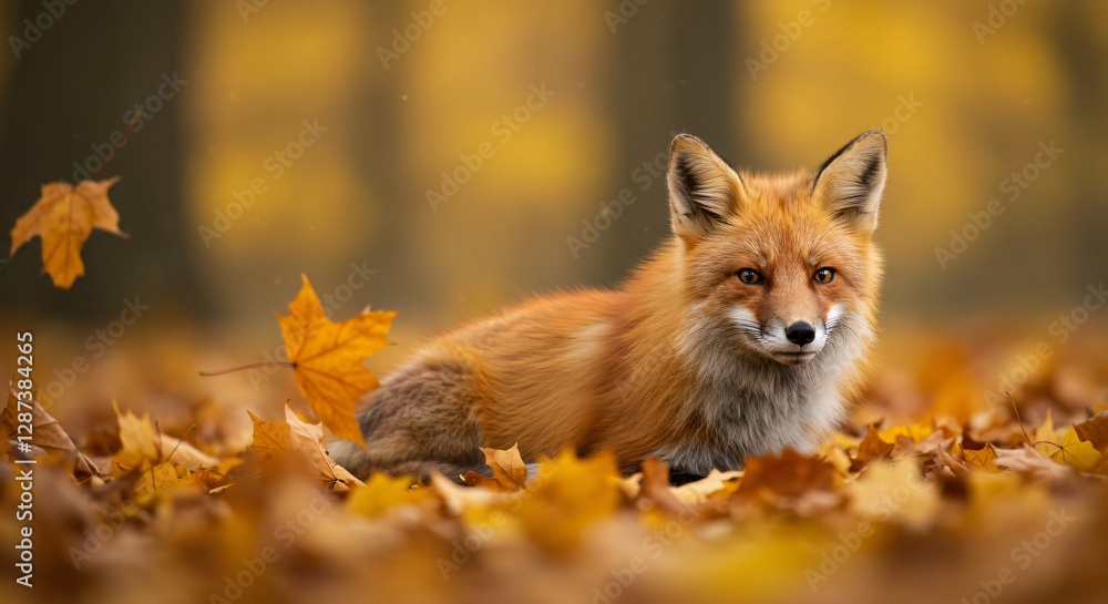 Fototapeta premium A beautiful red fox rests on golden autumn leaves in a peaceful forest. The warm tones of fall create a cozy, dreamy atmosphere, highlighting the elegance and serenity of nature.
