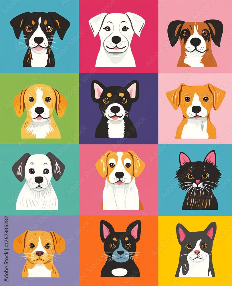 Collection of nine stylized pet portraits including dogs and cats, each set against a solid color background. Whimsical and colorful design. Collection of nine stylized pet portraits including dogs and cats, each set against a solid color background. Whimsical and colorful design.