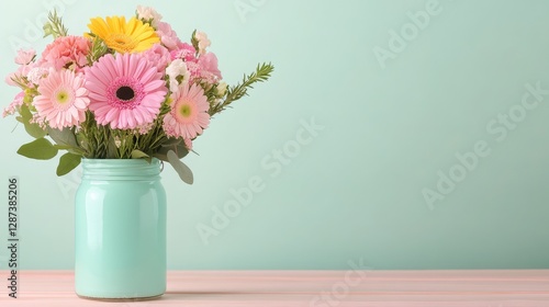 Wallpaper Mural Vibrant Pink and Yellow Flowers in Pastel Vase on Wooden Table with Mint Green Background Torontodigital.ca