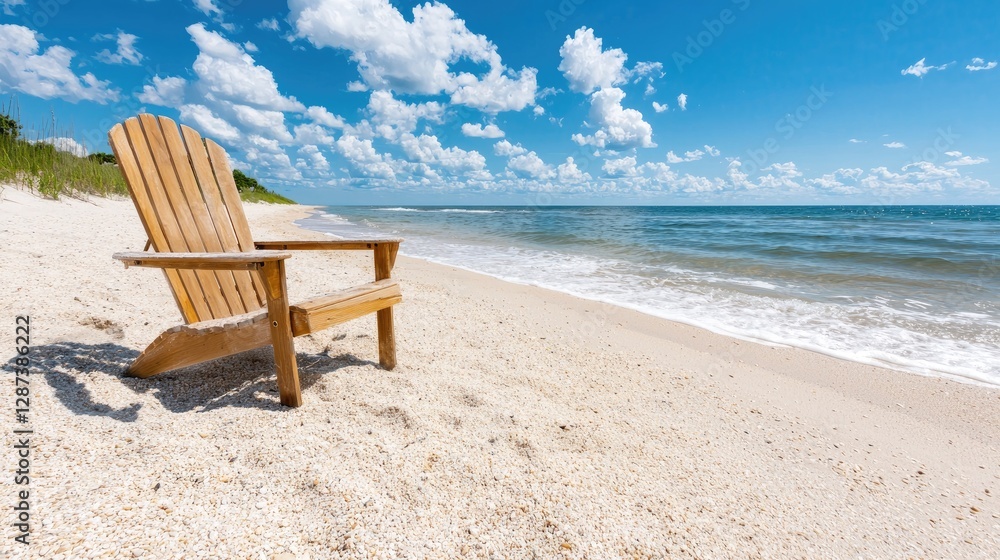 Wooden beach chair on pristine sandy shore. Beautiful summer day. Ideal for relaxation Wooden beach chair on pristine sandy shore. Beautiful summer day. Ideal for relaxation
